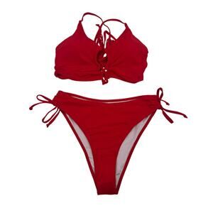 Chryll Womens XL Red Lace Up Halter Top Side Tie Bikini Bottom 2 Piece Swimsuit